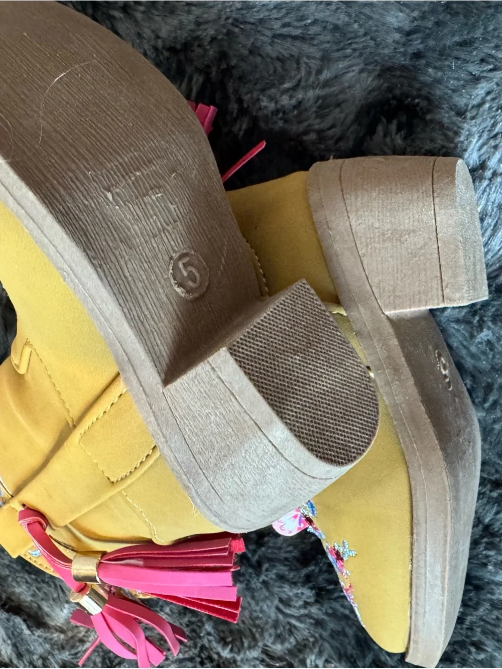 Yellow Embroidered Western Ankle Boots with Pink Tassels